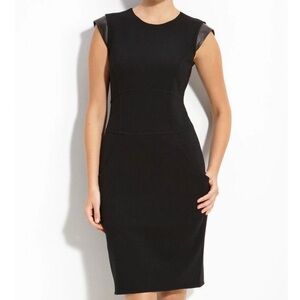 LAFAYETTE 148 NY Black Wool Sheath Dress w/ Leather Detail Size 4